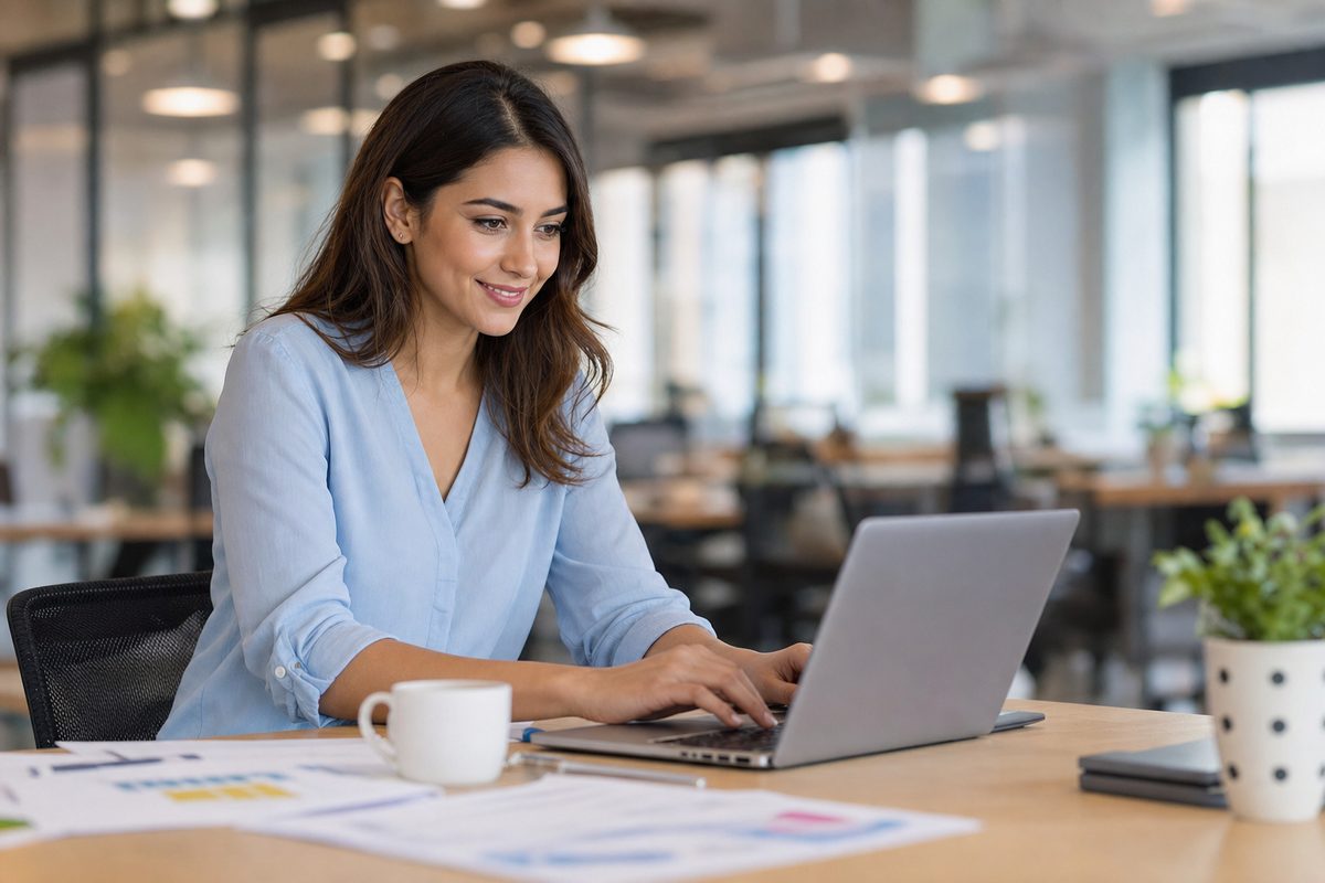 Professional working with invoices on laptop